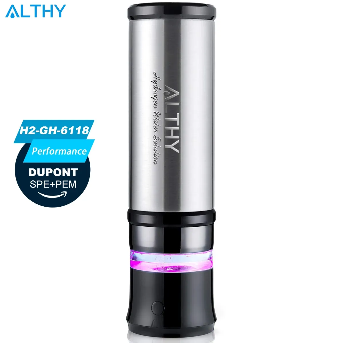 Botella Althy 2 en 1 Aislamiento de acero inoxidable Generador de botellas de agua de hidrógeno + desinfectante Generador DuPont SPE + PEM Cámara dual