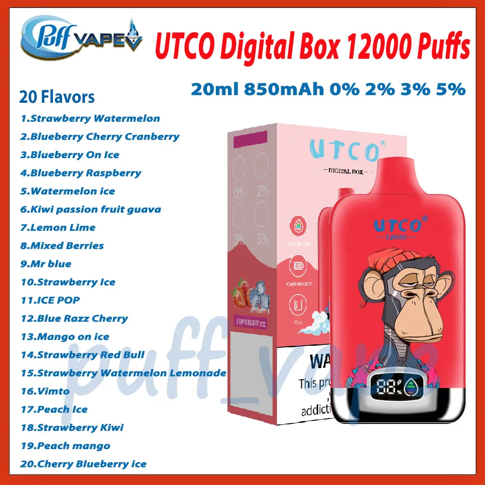 Orijinal UTCO Dijital Kutu 12000 Puf Tek Kullanımlık Vape 20 Teşerler 0% 2% 3% 5% Seviye 850mAh Şarj edilebilir Bettery E sigara pufları 12K 20ml Mesh Bobin Buhar Kiti