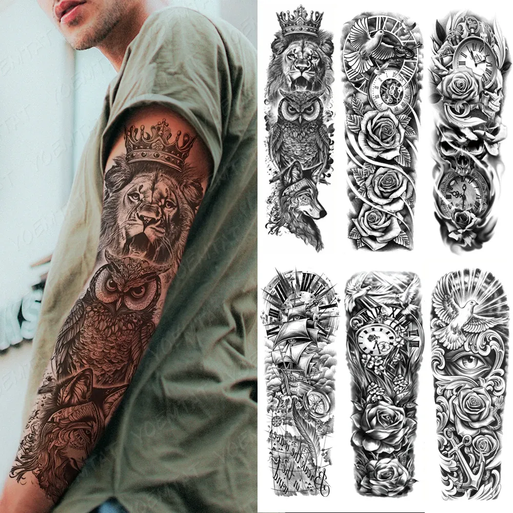 Tatoeages grote arm mouw tattoo leeuw kroon koning roos waterdichte tijdelijke tatoo sticker wilde wolf tijger mannen volledige schedel totem nep tatto