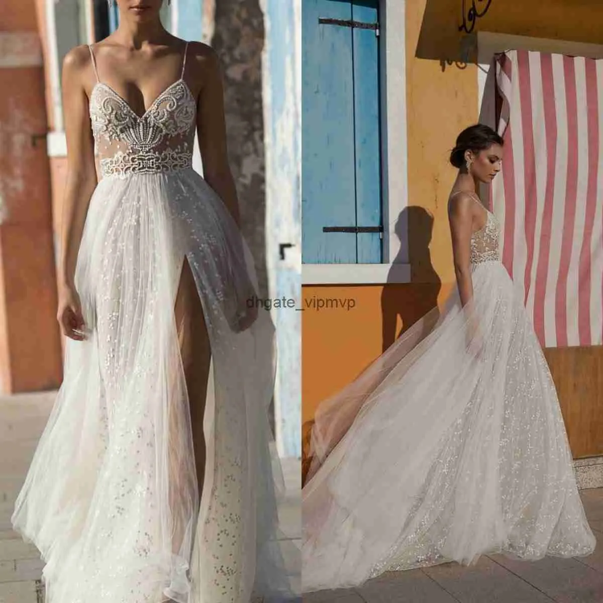 Gali Karten Beach A-Line Wedding Dresses Side Split Spaghetti Illusion Tulle Boho Wedding Gowns Sweep Train Pearls Backless Bohemian Bride