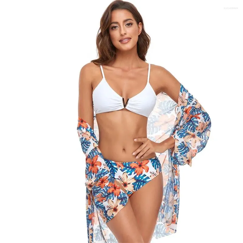 Frauen Badebekleidung sexy Frauen Bikini mit Chiffon Deck -Abdeckung Blumendruck Push Badeanzug Ring Badeanzug Brasilianische Biquini Langarm