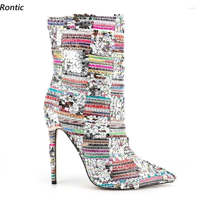 Buty Rontic Women Winter Kids Sexy Stiletto Obcasy Wskazane palec palców Piękne srebrne buty na imprezę Panie US rozmiar 5-15