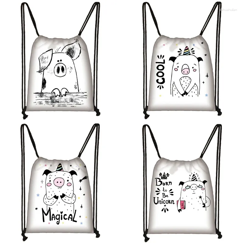 Drawstring Cartoon Pig Print Bag Women Travel Teenager School Brown Girl And Boy Backpack Fashion Female Storage Bags L1