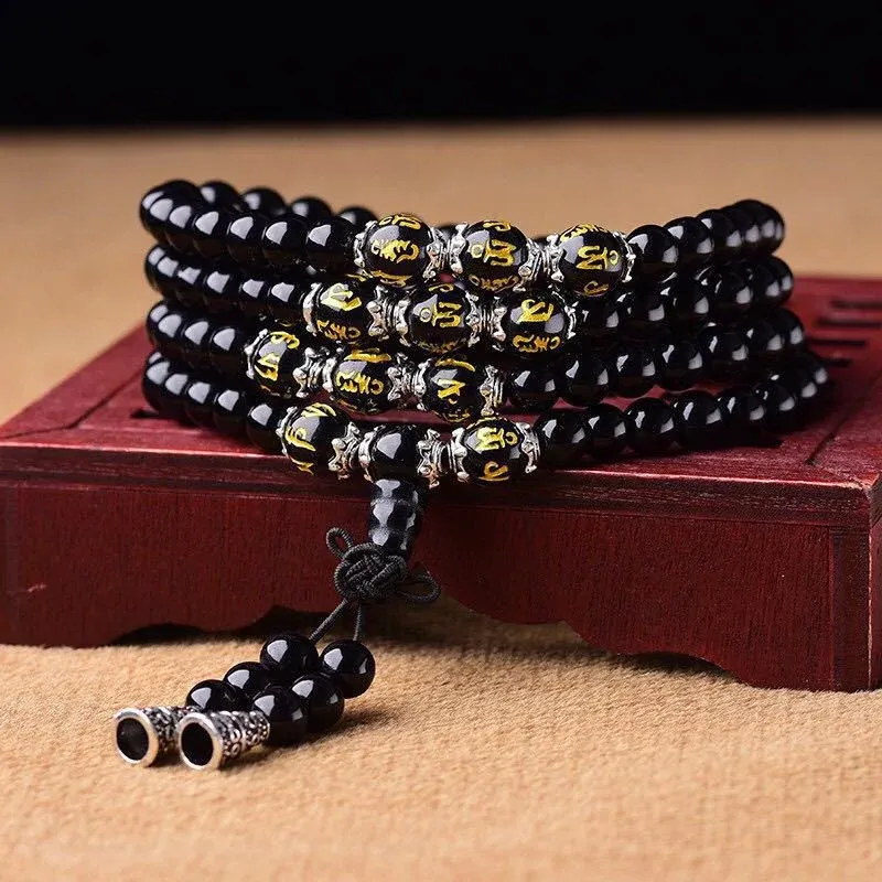 Strands Lucky Gift 108 Beads Mala Шесть слов Mantra obsidian Onyx Meditation йога каменное браслет ожерелье из ювелирных украшений амулета