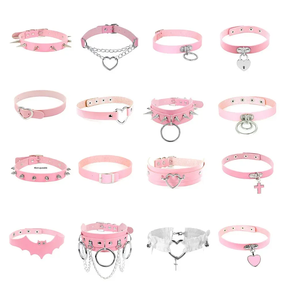 Halsband rosa sexiga trendiga rock gotiska krage halsband smycken gotiska läder hjärta nitar harajuku punk choker halsband för kvinnor gåva