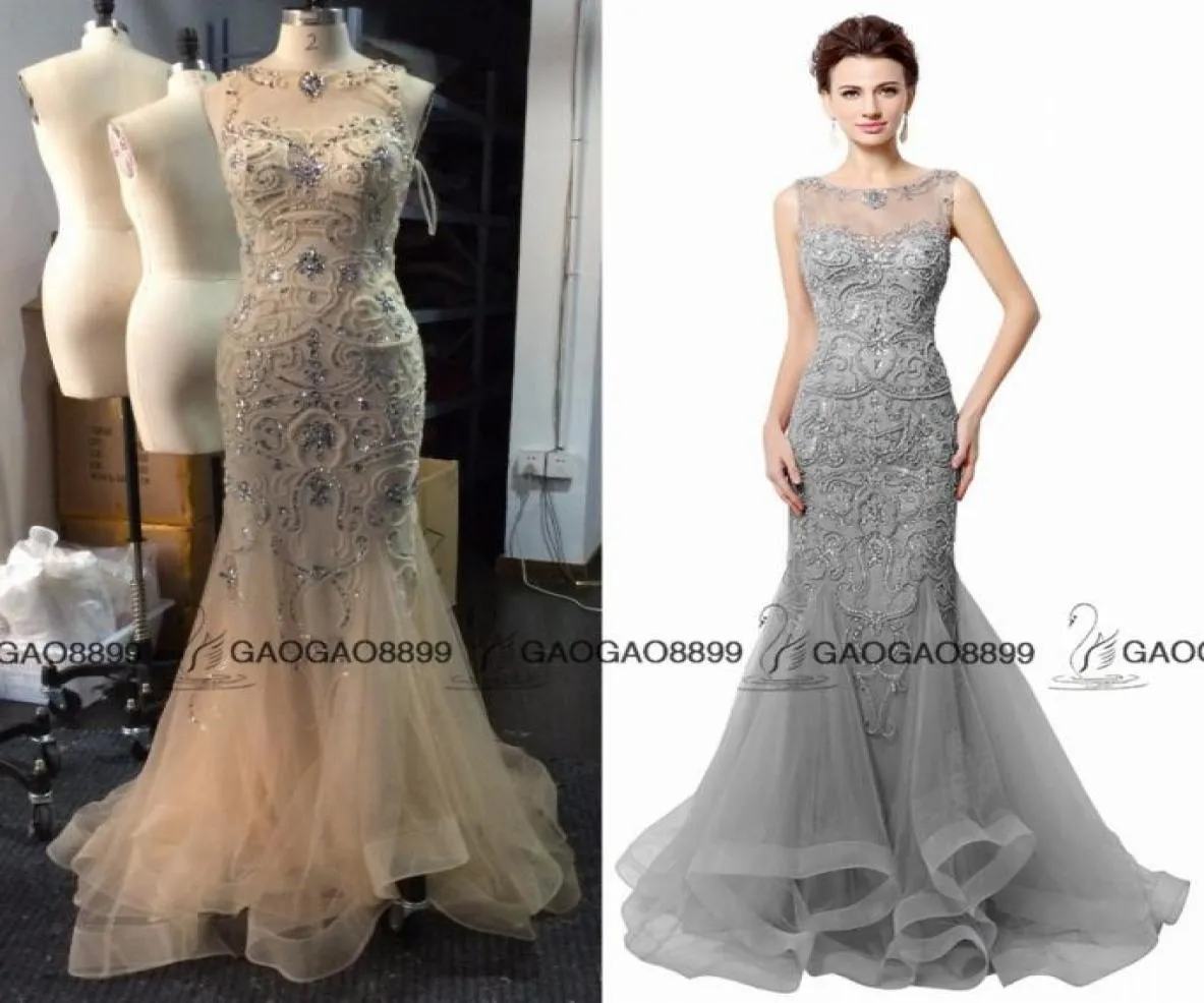 Open Back Gray Champagne Mermaid Evening Dresses Beading 2019 Real Po sparkly Sheer Neck Women Prom Gowns Long robe de soiree L4327104