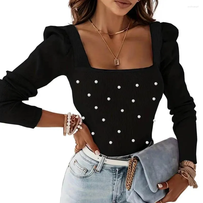 Women's Blouses Women Top Low-cut Square Neck Slim Elastic Thread Beaded Long Sleeve Bubble Commute Blouse Summer Tee Shirt 2024