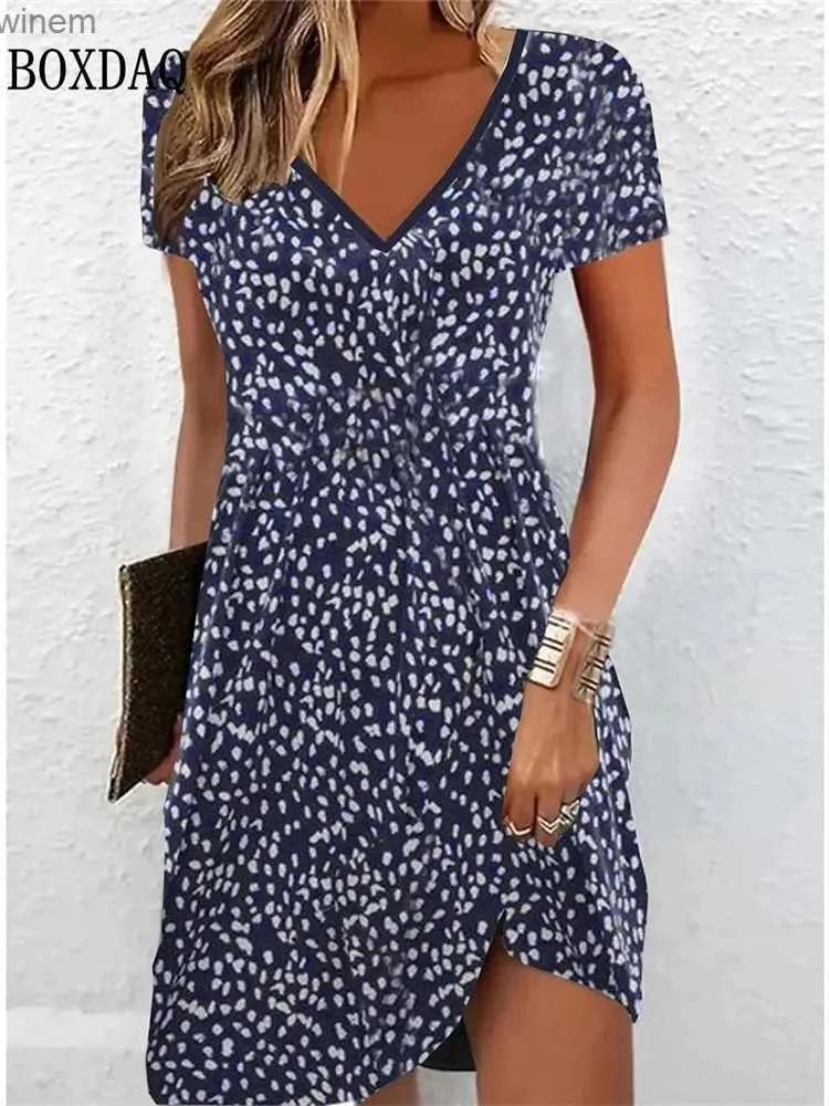 Urban Sexy Dresses Womens Fashion Short Sleeve Casual Dress Summer Pullover Floral Print V Neck Midi Dress Loose Plus Size Female Clothes Sundressl2404