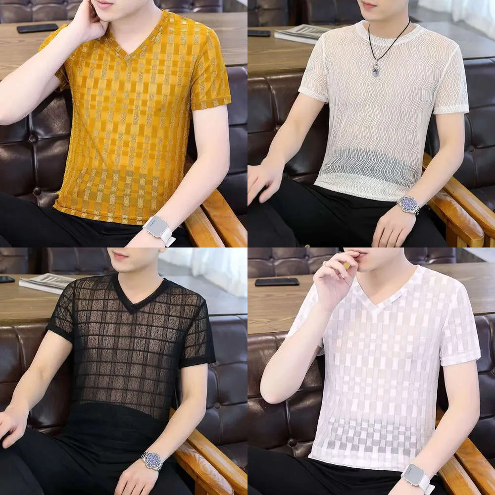 Ice Hollow Silk Short Sleeved for Men's New Mesh Breathable Personalized Summer Fashion Perspective T-shirt