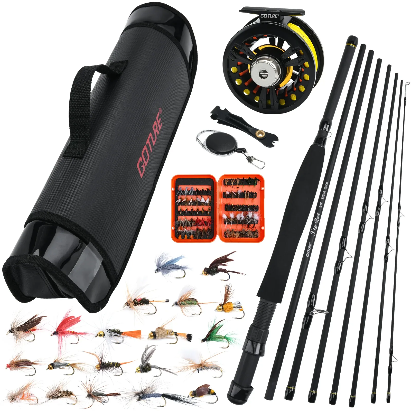 Tillbehör Goture 8Section Travel Fly Fishing Rod Combo 5/6# Stream Rod Kit med rulle Line Lure Full Set Fishing Tackle For Fly Fishing