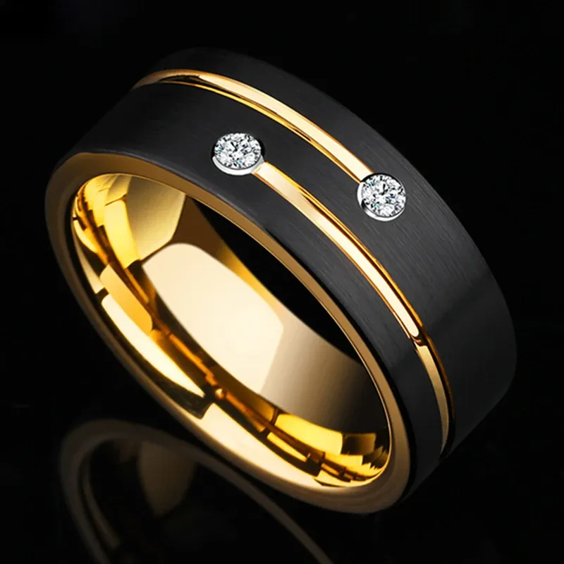 Bands FDLK Luxury Mens 8mm Black Stainless Steel Gold Color Ring Crystal Wedding Band for Men's Engagement Party Jewelry Gift