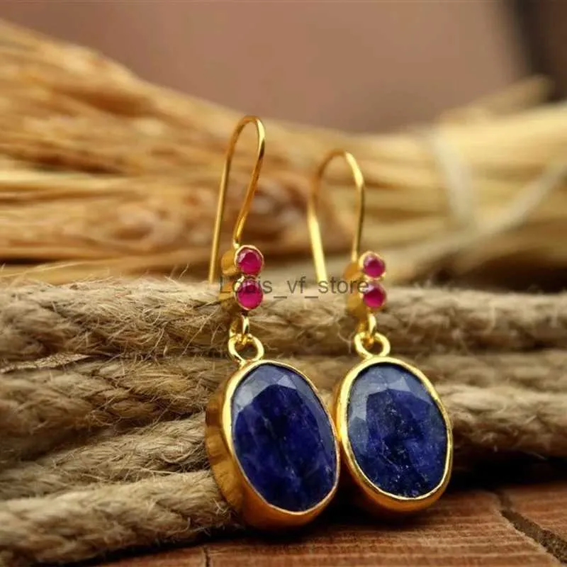 Dangle Chandelier Ethnic Round Blue Stone Earrings for Women Vintage Jewelry Antique Gold Color Red Metal Geometry H240423