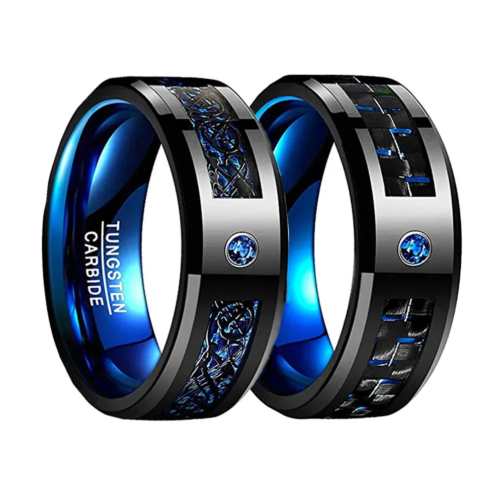 Zespoły Nowa moda 8 mm mężczyzn ze stali nierdzewnej Celtic Dragon Pierścień Inkay Blue Cydron Kamienna pierścień niebieski pierścień z włókna węglowego dla mężczyzn