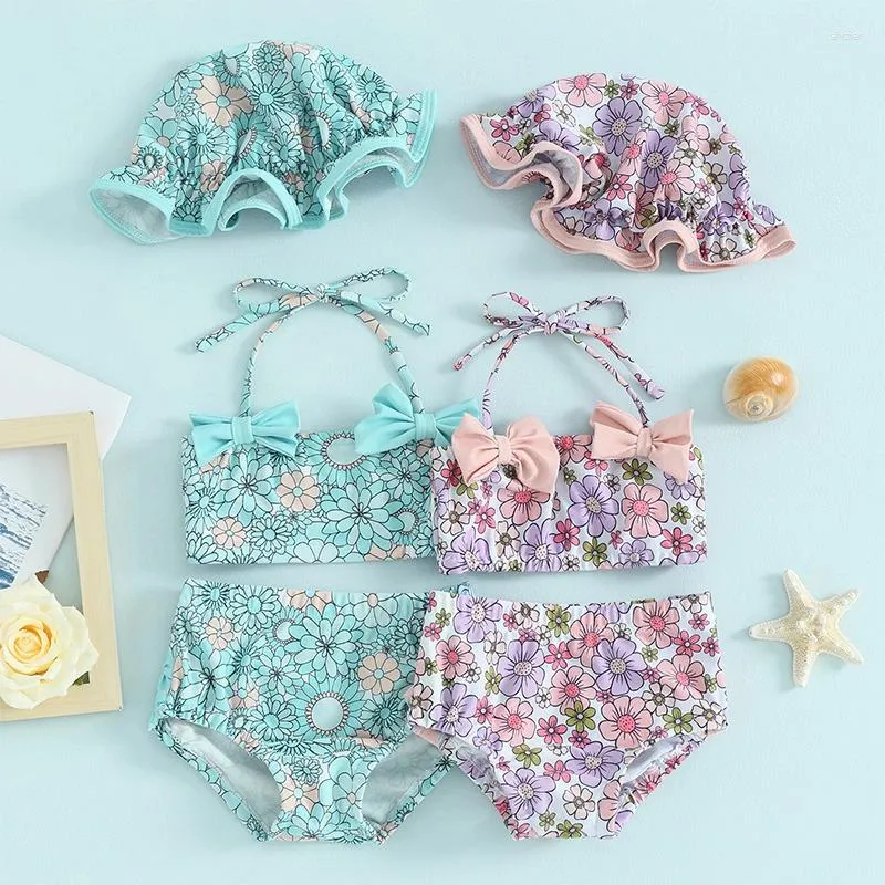 Bikini d'été de Baby Girl pour femmes Bikini 3 PCS Set Floral Print Bow Halter Crops Tops avec short Chapeau de baignade