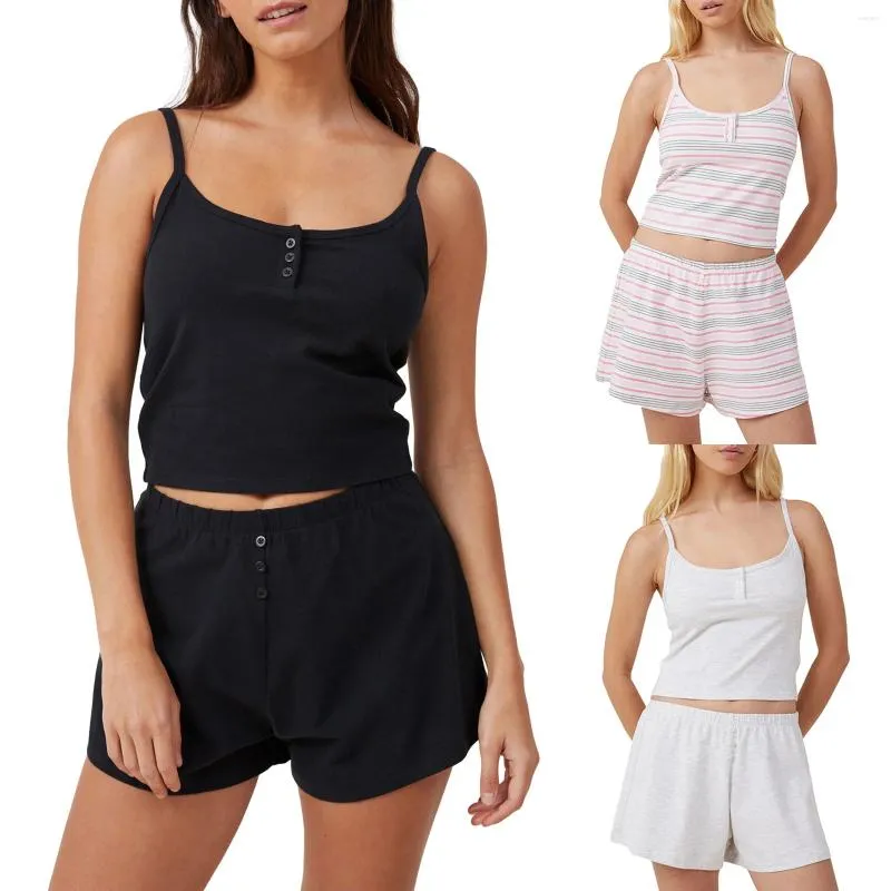 Feminino de pista de pó de 2 peças de 2 peças conjuntos de normcore casual com mangas cami tops de cor sólida/shorts listrados conjuntos de roupas de dormir