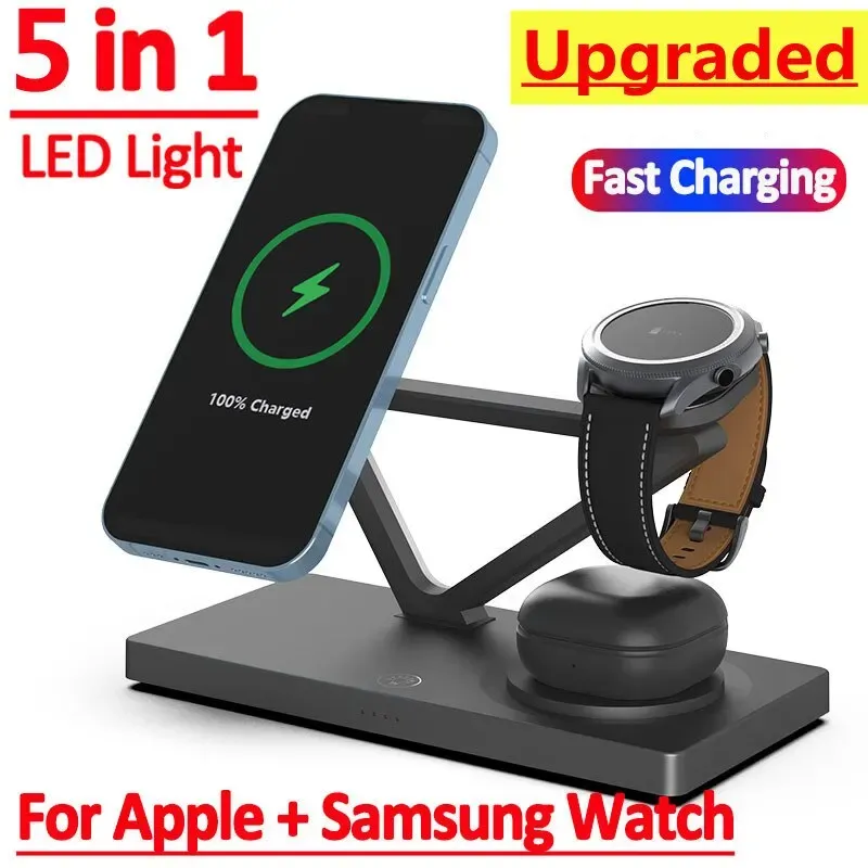 Chargers 5 In 1 Magnetic Wireless Charger Stand Pad Light for iPhone 14 13 12 X Samsung Apple Galaxy Watch 15W Fast Charging Dock Station