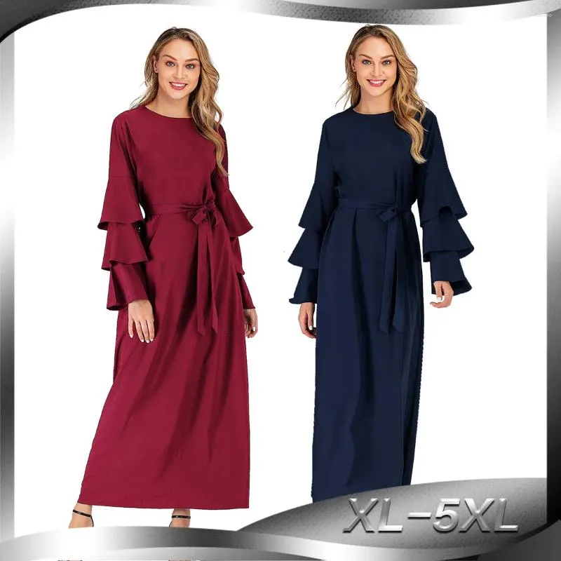 Casual Dresses Women Muslim Elegant Abaya Lace-up Multilayer Long Sleeves Round Neck Ladies Dress Middle Eastern Dubai Turkey Solid Daily