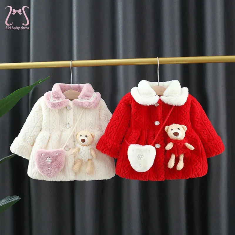 Rockar 2st Winter Baby Girl Christmas Cotton Coat Thighted Children's Wool Sweater Jacka Lapel Overalls Toddler Kids Costume + Bag