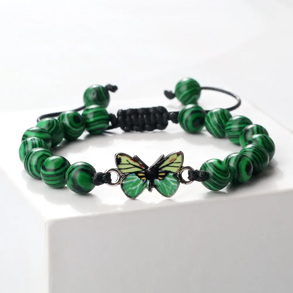 Strands New Design Malachite Beaded Bracelets Handmade Natural Tiger Eye Stone Agates Green Butterfly Pendant Bangles Lover Jewelry Gift