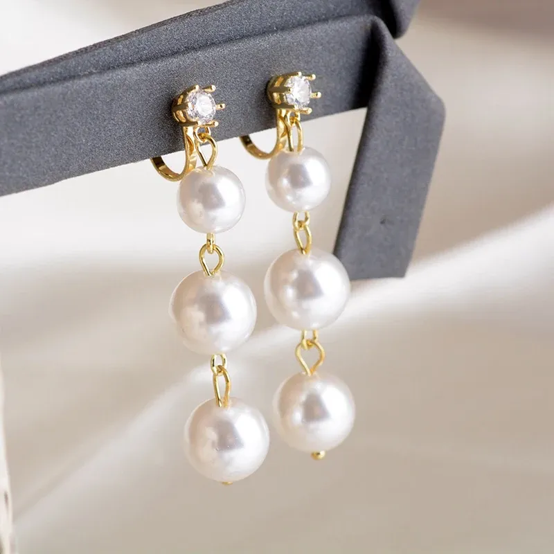 Kolczyki długie frędzle symulowane perły na kolczykach dla kobiet prezent bijoux nie przebity Korean Gold Color Pendientes Boucle D'Oreille