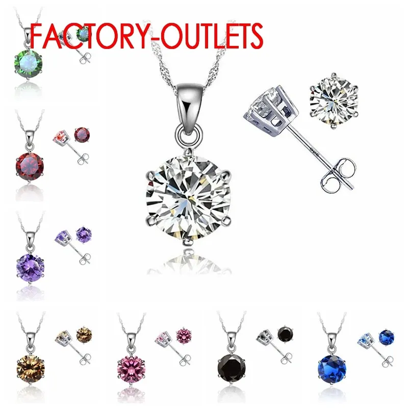 Colliers Nouveaux élégants 8 couleurs Cumbic Zirconia 925 Bijoux en argent sterling ensembles 6 griffes