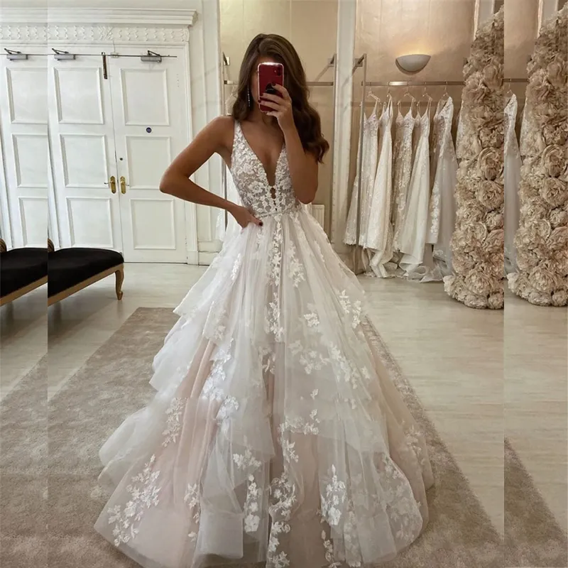 luxueuse robe de mariée princesse en dentelle de fleur sexy