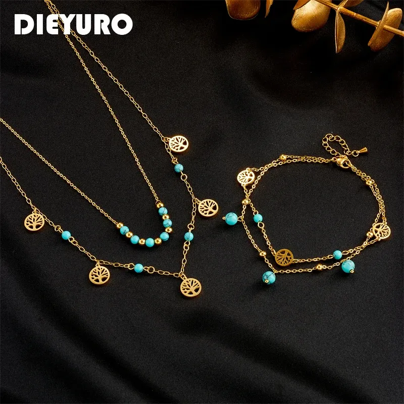 Halsketten Dieyuro 316L Edelstahl Round Baumgrün -Steinperlen Halskette Fußkänen für Frauen Mädchen Mode 2 Layer -Ketten Schmuckset Set