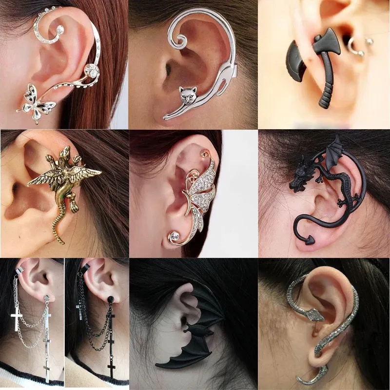 Earrings Korean Gothic DIY Black Bat Shaped Ear Clips For Women Punk Goth Dragon Snake Butterfly Ax Vintage Earrings Party Gifts Jewelry