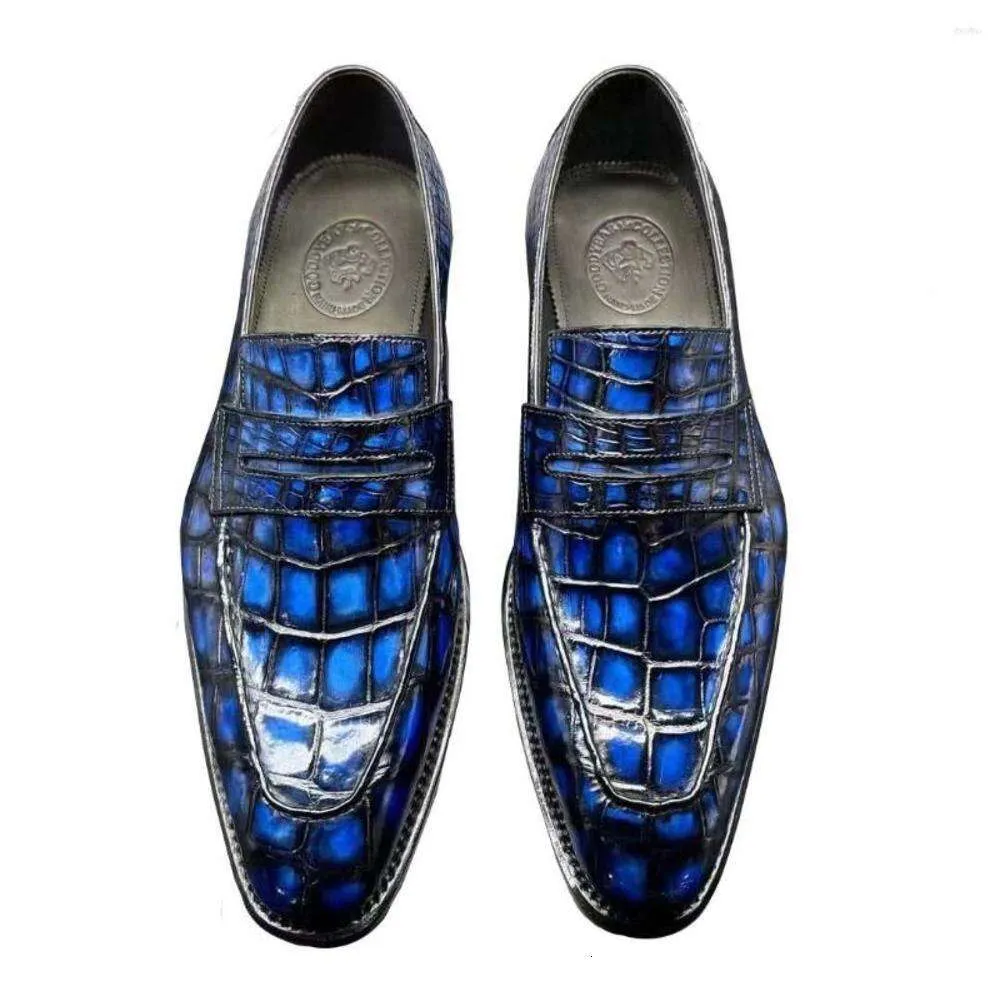 Dress Shoes Chue Crocodile Leather Blue Color Rubbing Men Wedding Banquet Gentleman 60ML