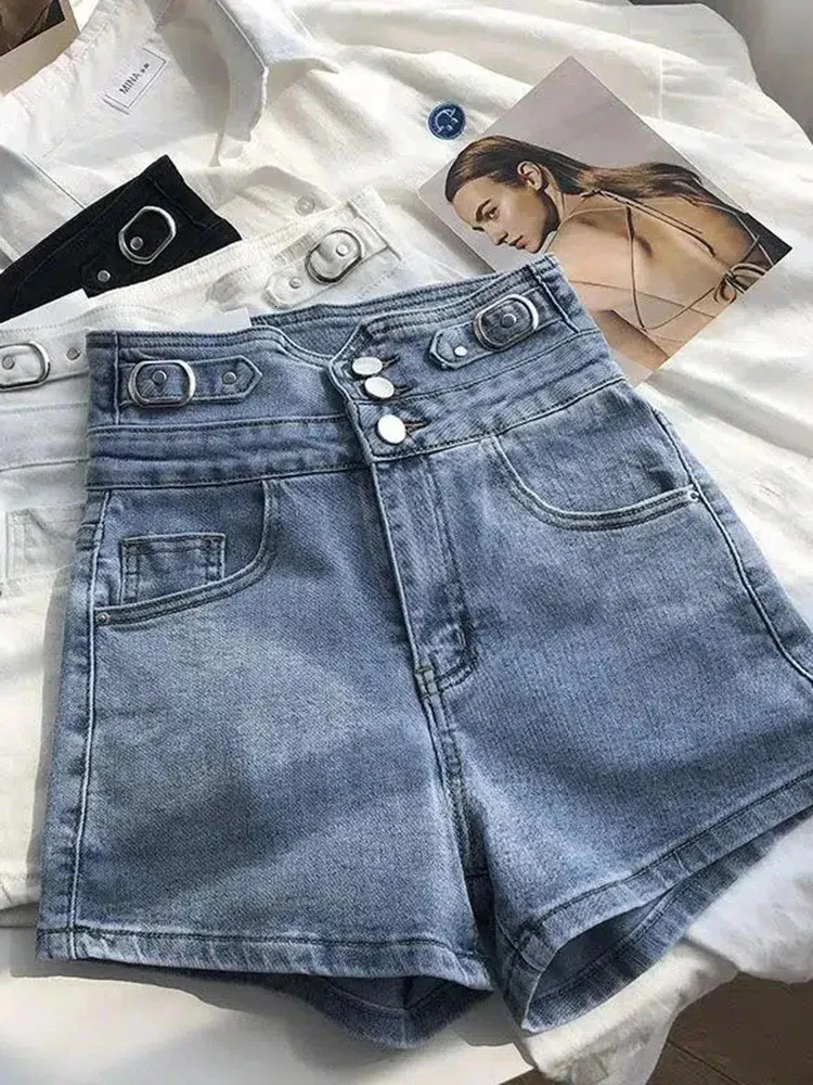 Übergroße S-3xl Ein-Bastentier-Pocket-Frauenhosen Sommerhoch Taille Slim Wäsche Denim Shorts All-Match Stretch Streetwear 240418