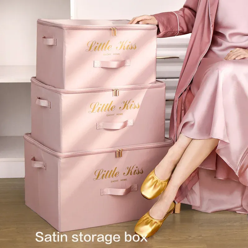 Bins Clothes Quilt Storage Box Organizer Household Large Wardrobe Foldable Satin Fabric Storage Box Home Large Item Organizer WF