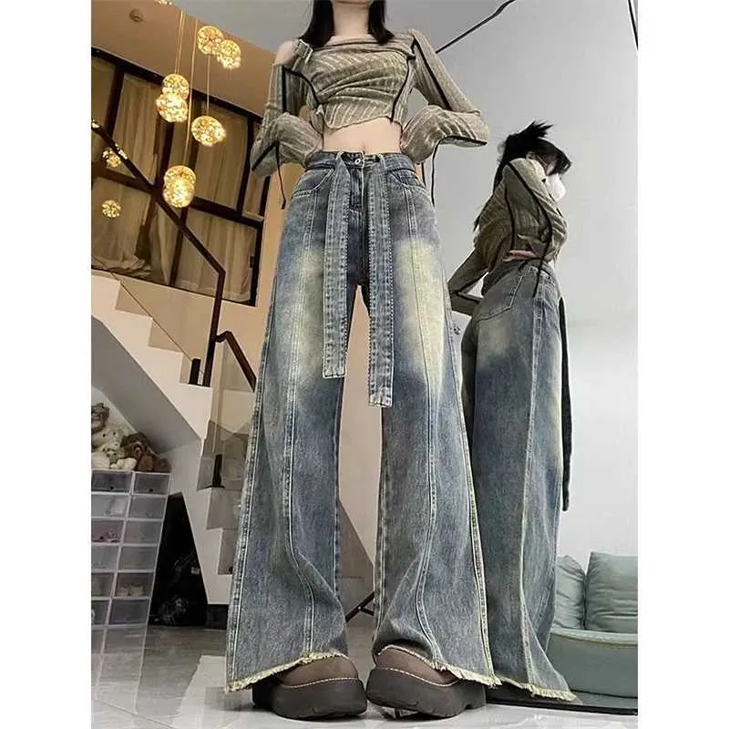 Kvinnors jeans harajuku mode retro blå breda ben byxor kvinnor casual bomull denim baggy jeans kvinna med bälte hög strt hiphop strtwear y240422