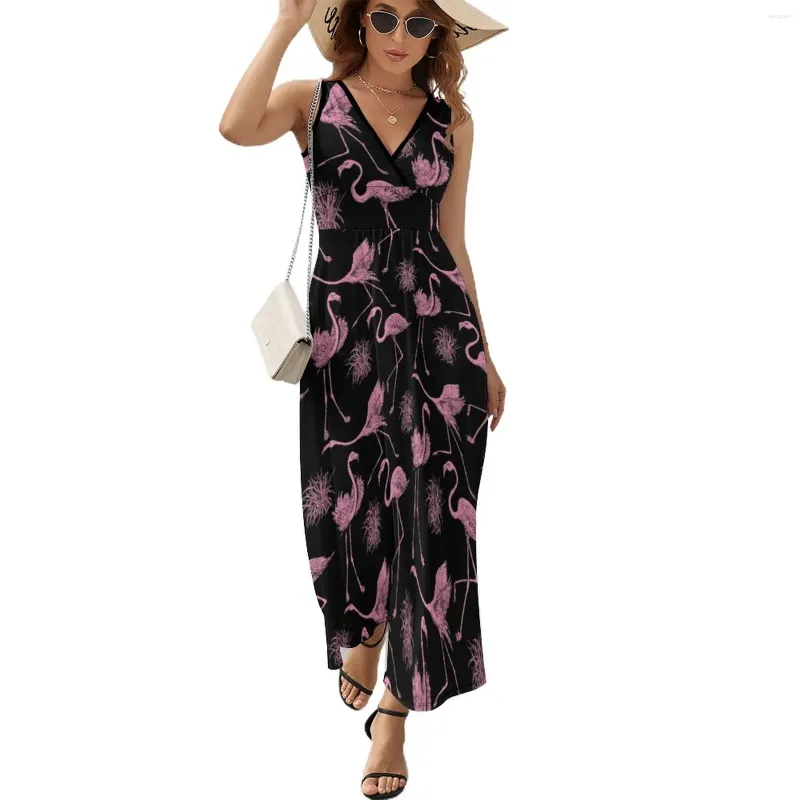 Casual Dresses Flamingo Grass Dress Womenskawaii Maxi V Neck High midje Street Wear Graphic Boho Beach Long