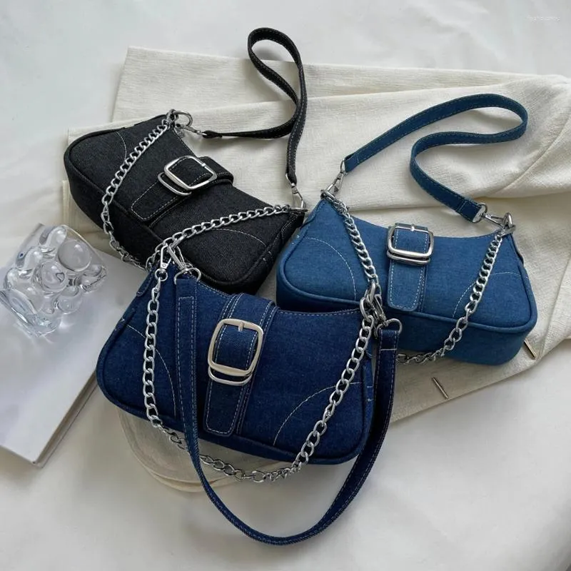 Hobo Women Retro Tote Handbag Buckle Decor Denim Underarm Bag Fashion Zipper Casual Evening Satchel