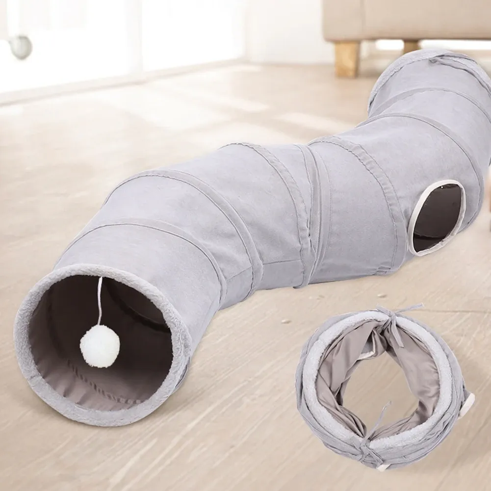 Toys Cat Tunnel for Indoor Cats Foldable Big Cat Tunnel Gray Suede Pet Tunnels with One Peephole and a Plush Ball Hanging Toy