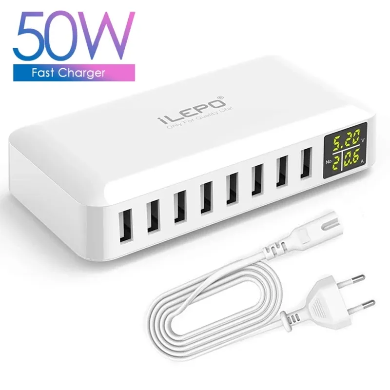 Hubs 8 portas carregador USB 50W 8A LCD Display Multi Port Hub USB CARREGADO FASCO ADAPTOR DE POWER CARAGEM PARA IPHONE XIAOMI Huawei