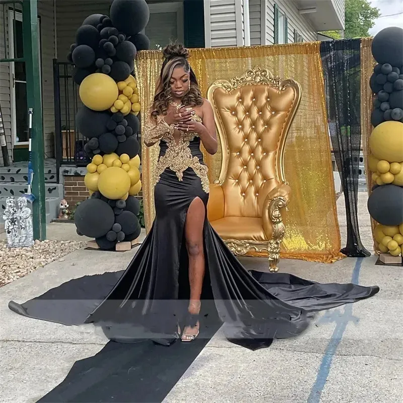Black Satin One Shoulder Prom Dress With Slit With Gold Appliques Beading And Sequins Perfect For Birthday Parties And Evening Events In 2024 From Babyonline 141.82 DHgate.Com