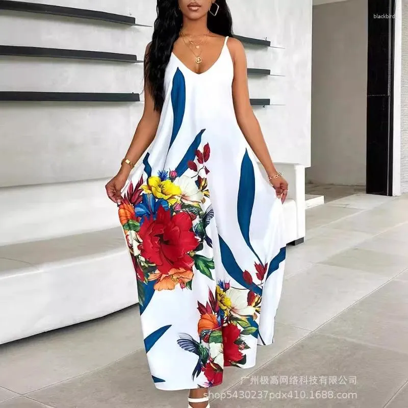 Sukienki swobodne 2024 Sprężynowe letnie damskie ubrania Pozycja Pozycjonowanie drukowanych drukowanych dekoltów długi sukienki z kieszeniami
