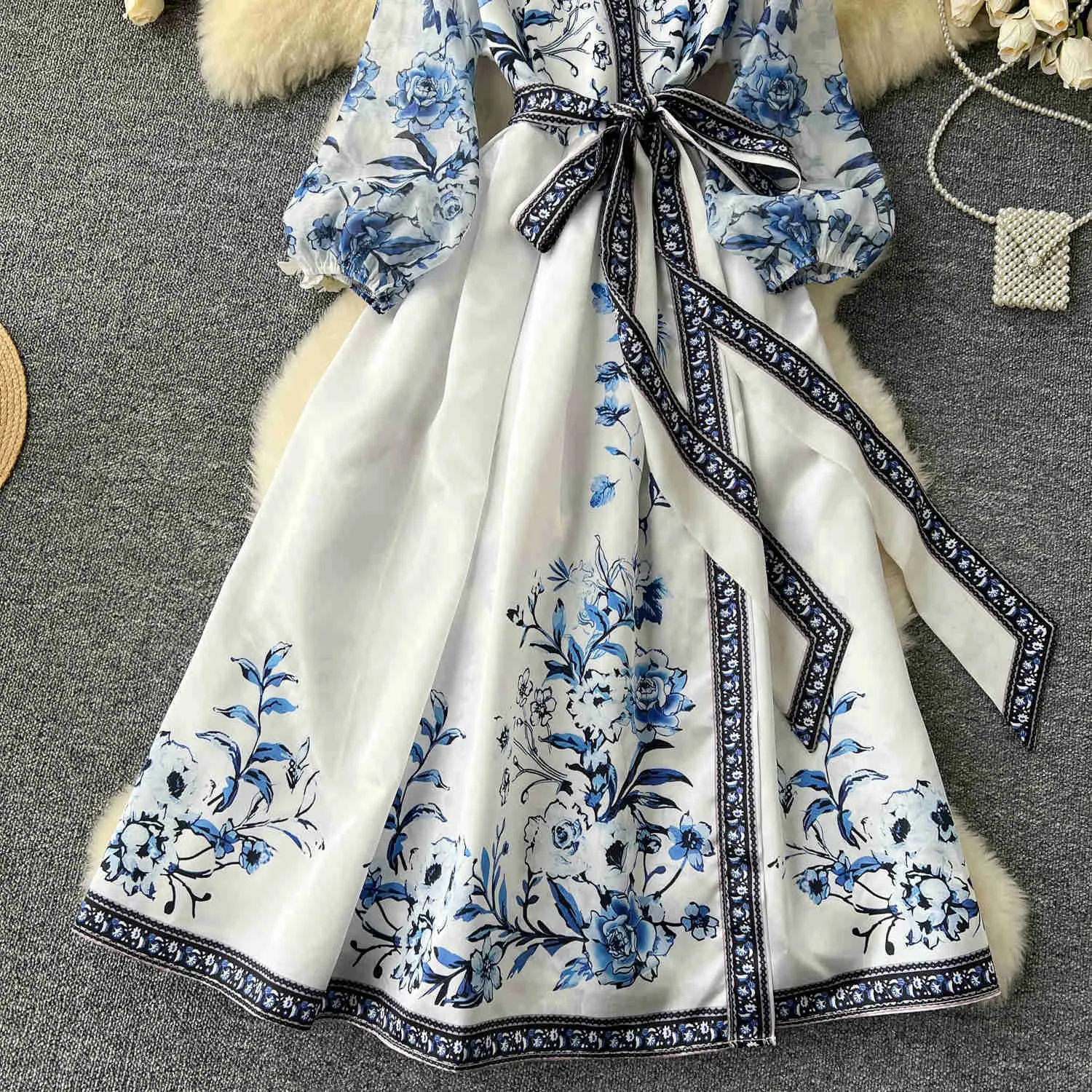 French Lantern Lace Long blue and White dress - Warm V-neck Party Vest for Women (M241123)