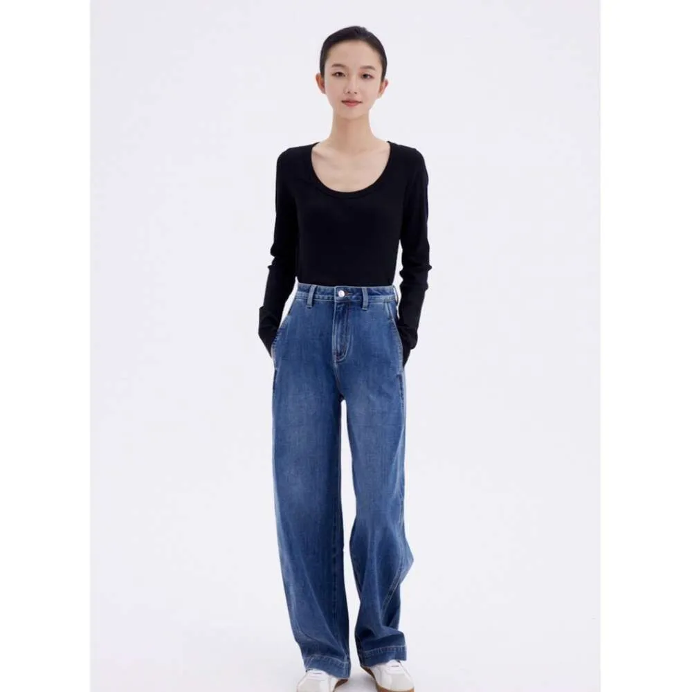 denim blue cotton four sided elastic high waisted loose wide leg jeans