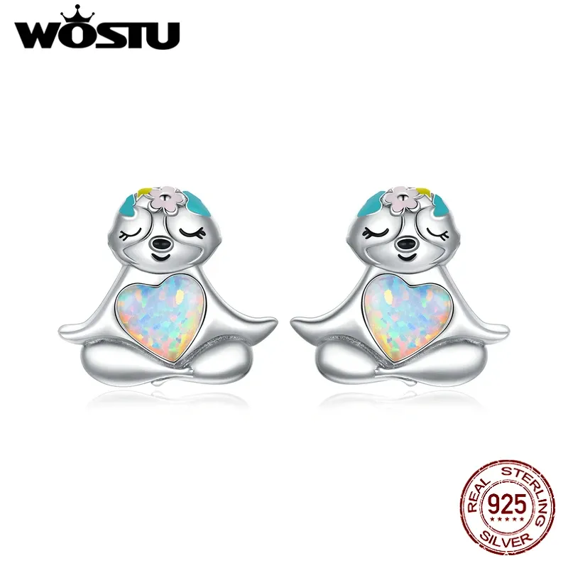 Oorbellen Wostu Real 925 Sterling Silver Sloth met Opal Heart Stud -oorbellen Emaille oorbellen voor vrouwen Fashion Silver Jewelry CTE483