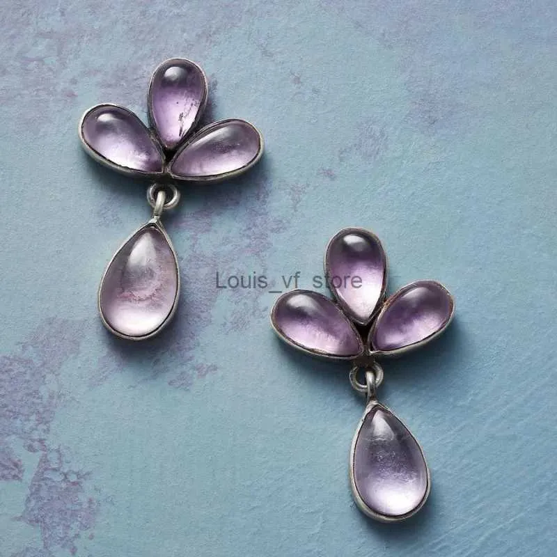 Dangle żyrandol elegancka geometria Waterdrop inkrustowane fioletowe kamienne kolczyki dla kobiet w stylu vintage metalowy srebrny kolor H240423