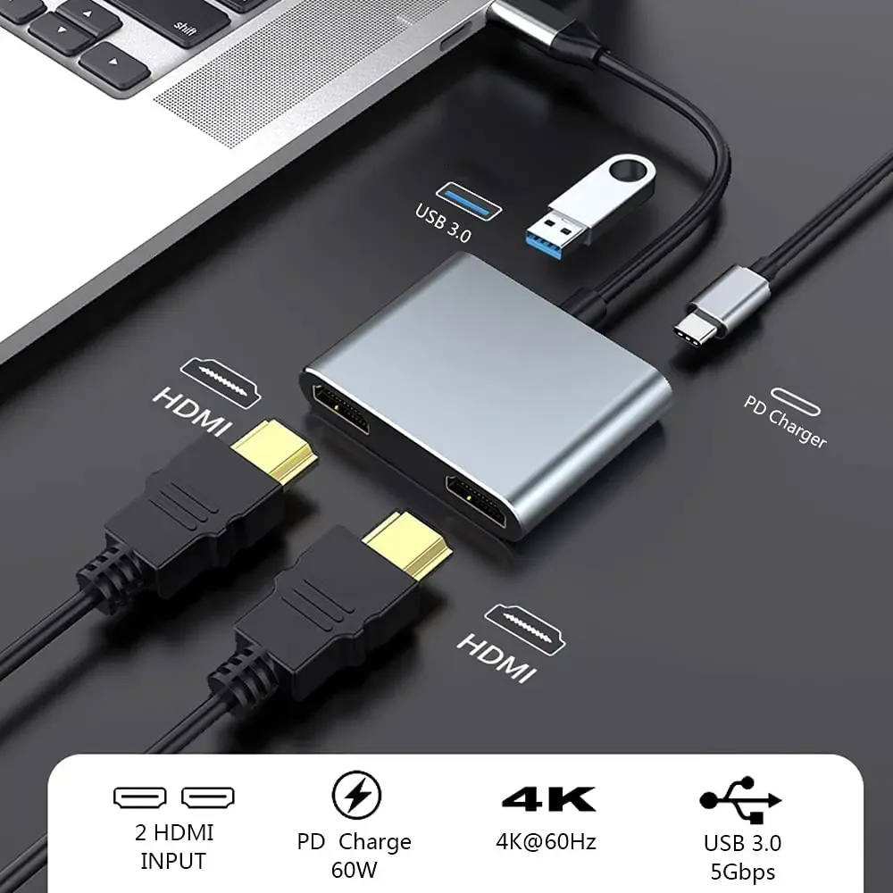 المحطات المحمول تمديد الشاشة المزدوجة عرض الهاتف المحمول USB C Type C to to Dual HDMI 4K HDTV USB3.0 PD محطة شحن MacBook