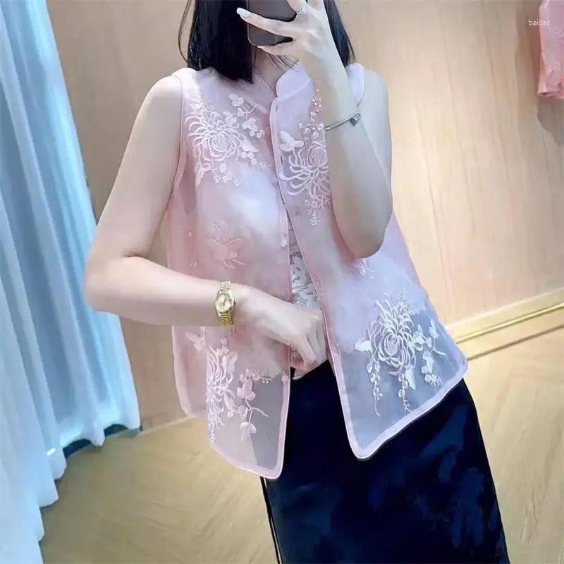 Damesvesten Pink Silk Organza Vest 2024 Zomer Chinese stijl Luxe Designer Top Mouwloze vest Camisole K769