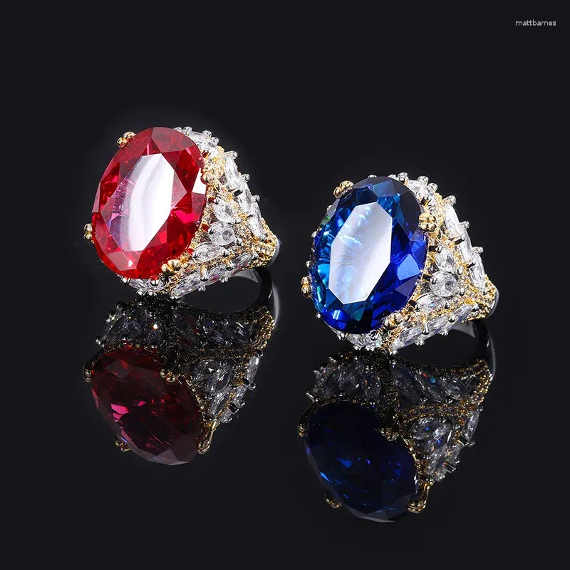 Cluster Rings S925 Full Body Silver Tiktok Red Treasure Blue Color Separation Luxury Temperament Large Egg Jewelry Ring