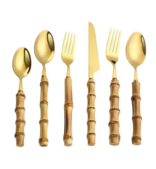 Bambuhandtag Flatvaruuppsättning av rostfritt stål Middag Knivgaffel Dessert Spoon Cutlery Sets5595493