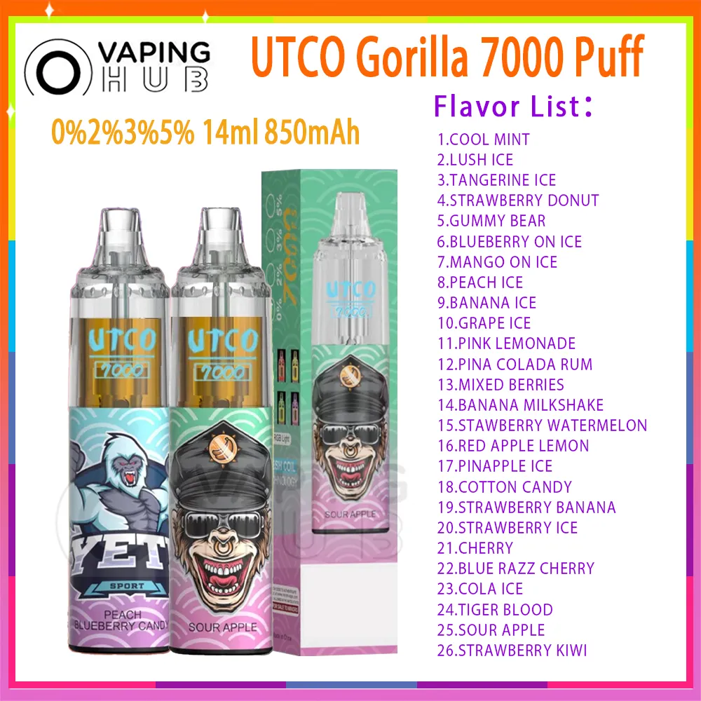 ORIGINAL UTCO GORILLA 7000 PUFFS Disponibla VAPE 26 Smaker 14 ml Förfylld anordning 850mAh Type-C Laddningsbart batteri 1,0 mesh spole 7K E cigaretter