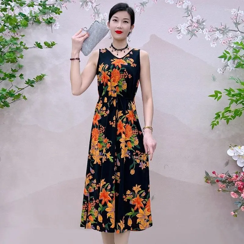 Casual Dresses V-Neck High Waist Print 2024 Summer Dress Women Holiday Korean Women's Elastic Milk Silk Floral Long