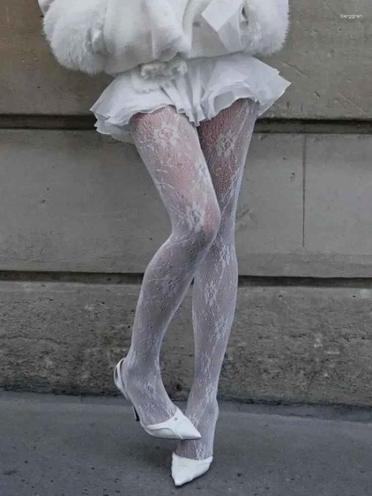 Women Socks 2024 White Lace Tights Stockings Fashion See-Through Lingerie Straight Bodys Mujer Bottom High Street Leggings Female
