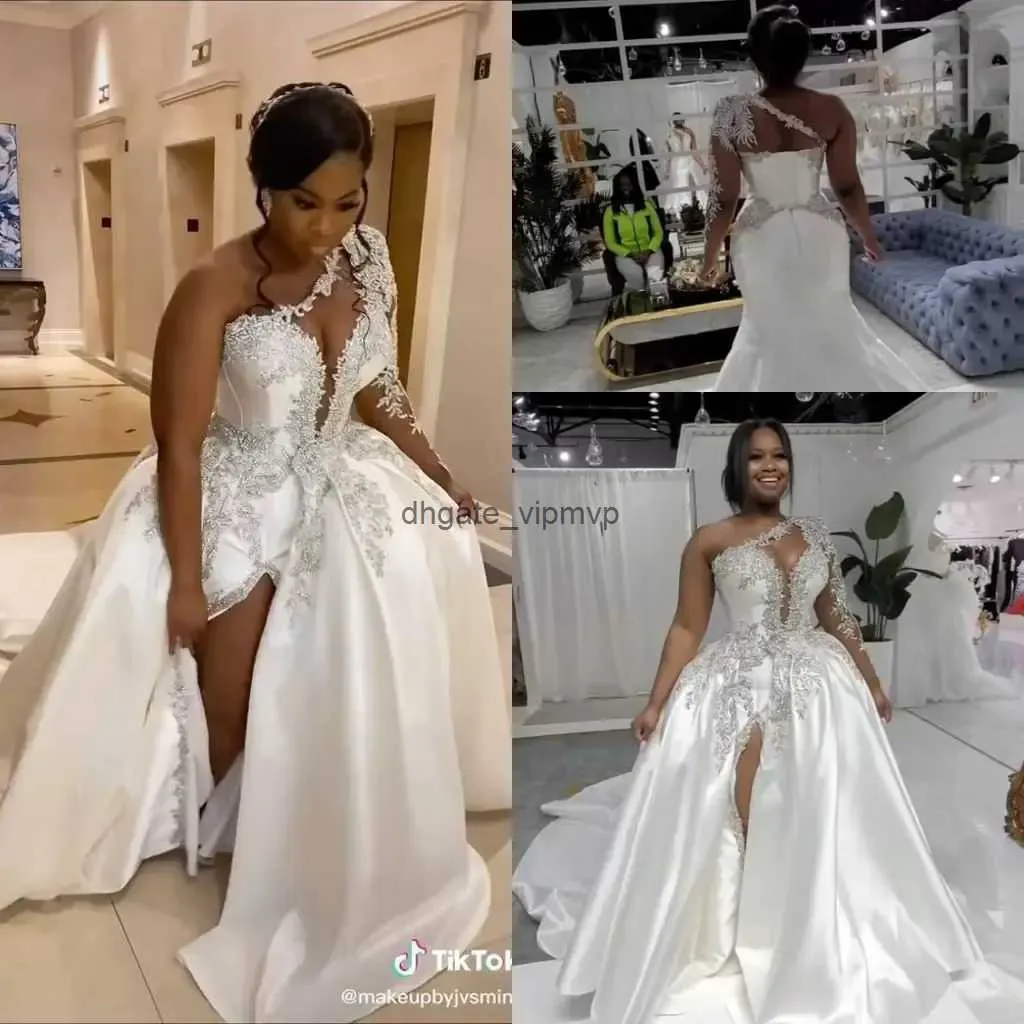 Vestidos de novia de manga larga de un hombro con tren desmontable encaje brillante con cuentas arabes aso ebi high slit jardín playa civil body weddal body